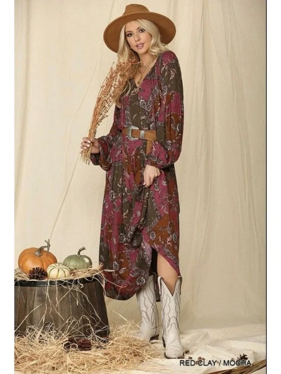 Gigio Dresses & Skirts - GiGIO‎ Boho Paisley Maxi Dress Women V Neck Long Sleeve Fall Style New Small